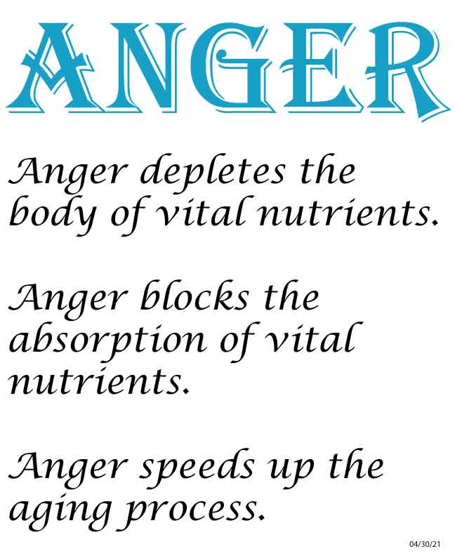Anger depletes the body of vital nutrients. Anger blocks the absorption of vital nutrients. Anger speeds up the aging process.